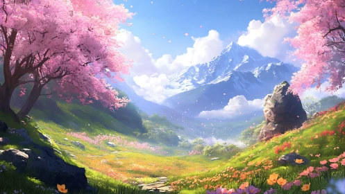 Mountain meadow extends under cherry blossoms in bloom