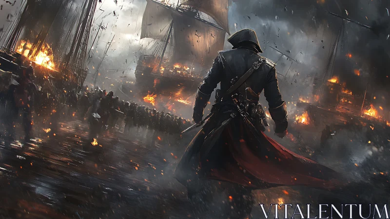 Hooded figure advances toward burning warships in harbor