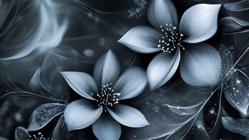 Monochrome digital flowers with soft glowing petals.