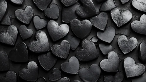 Black metallic hearts arranged on dark surface