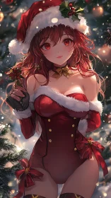 Santa outfit anime girl in festive Christmas scene.