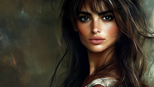 Digital portrait of intense brunette woman against abstract haze.