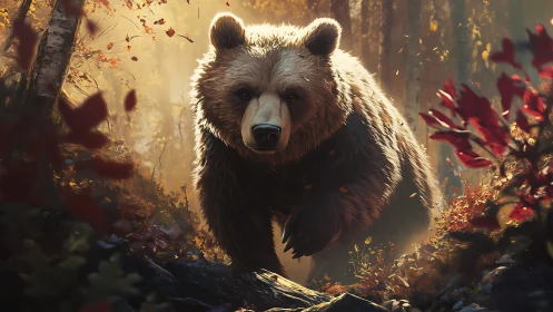 Brown bear moving through sunlit autumn forest scene.