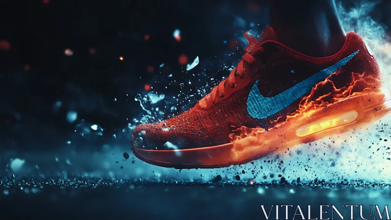 Red running shoe ignites with fire and water impact effect