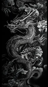 Monochrome eastern dragon coils through storm clouds in night