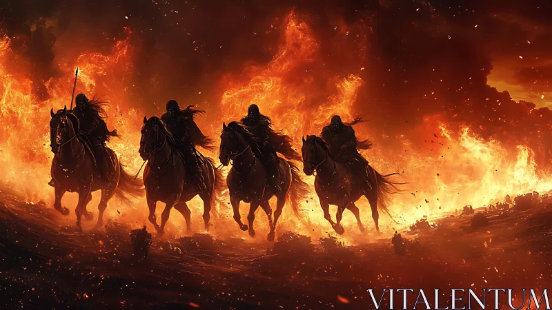 Fiery riders charge forward through a blazing, stormlit horizon