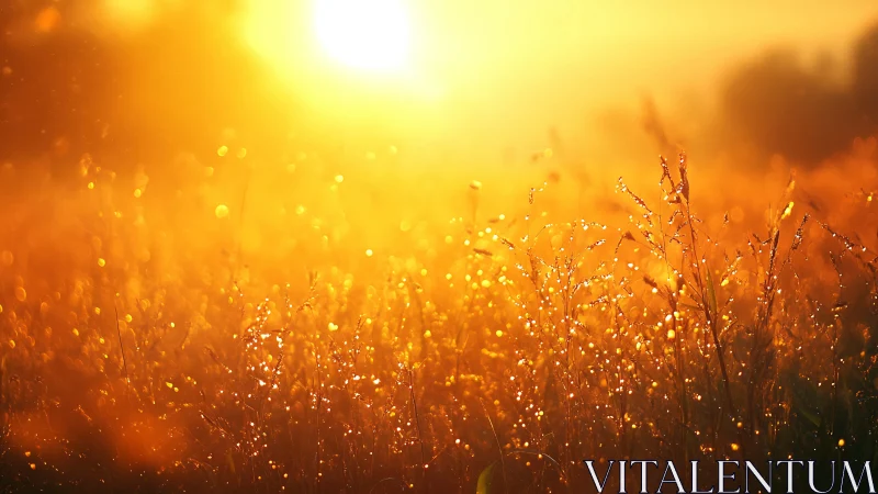 Golden sunrise over dewy grass in a glowing field.