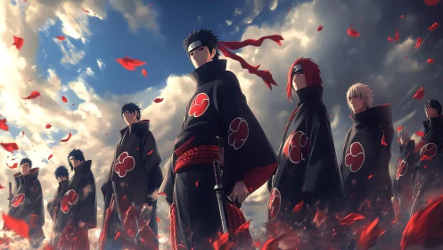 Dramatic cloaked squad under storm sky with red petal vortex