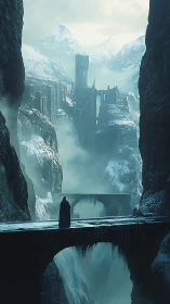 Solitary figure before vast icy fortress in the ravine.