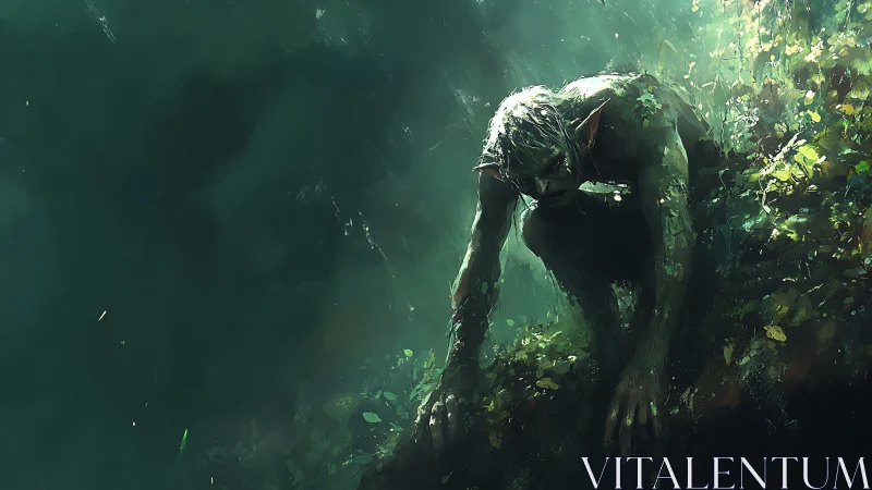 Forest creature crouches in dappled emerald light. Period.