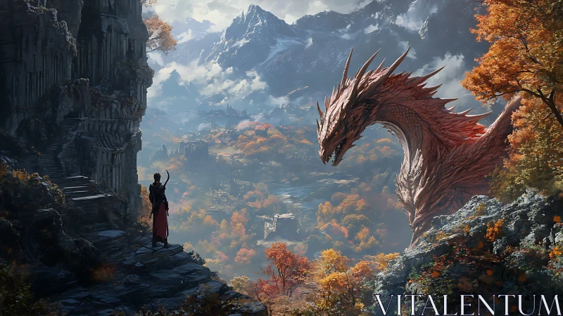 Red dragon confronts cloaked wanderer in vast autumn valley