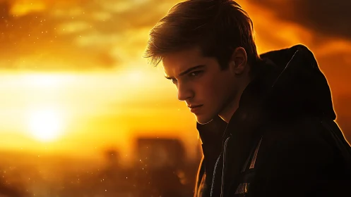 Young male figure in profile against an orange sunset sky.