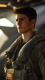 Young male pilot stands in flight gear under warm sunlight