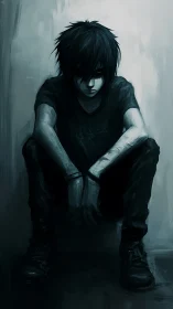 Brooding shadowed teen sunk in a monochrome concrete corner.