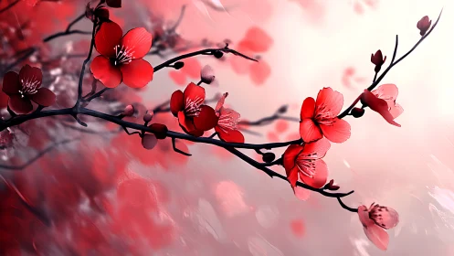 Red Cherry Blossoms on Black Branches Against Soft Pink Gradient.