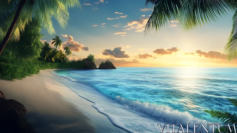Tropical Beach Sunset Over Turquoise Waters.
