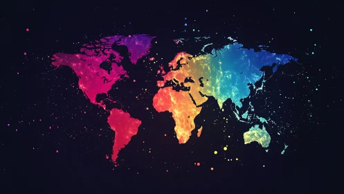 Vibrant rainbow world map on dark cosmic background.