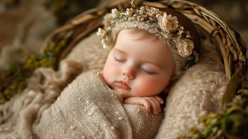 Peaceful newborn portrait in soft neutral blanket tones.