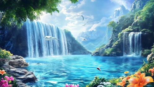Dreamlike waterfall cove with bright blooms and soaring rays.