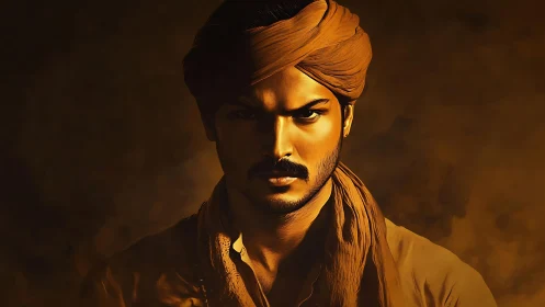 Intense turbaned portrait rendered in warm cinematic tones