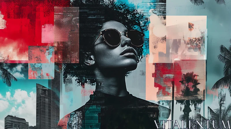 Monochrome portrait overlays urban palm landscape fragments