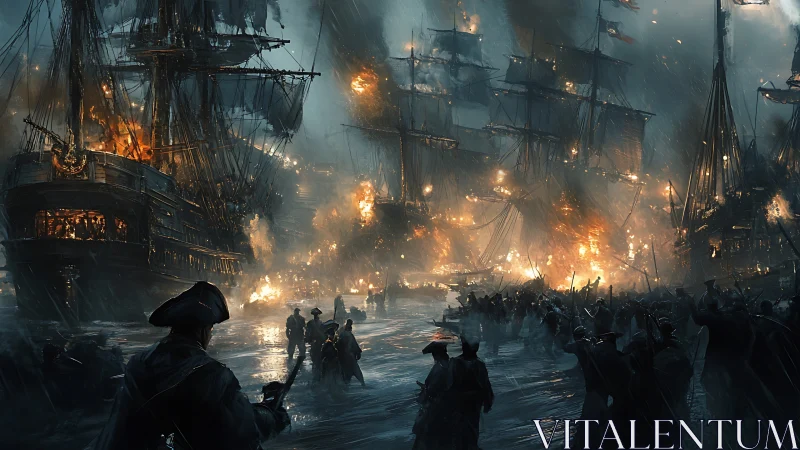 Naval Harbor Warfare: Illuminated Galleons Engulfed in Pyrotechnic Conflagration.