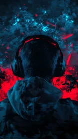 Neon gamer locked in a blazing red and cyan digital storm.