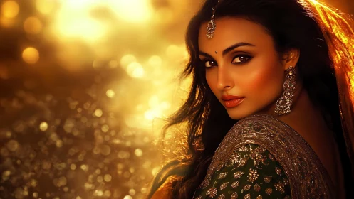 Golden hour portrait of woman in jeweled green saree, bokeh field