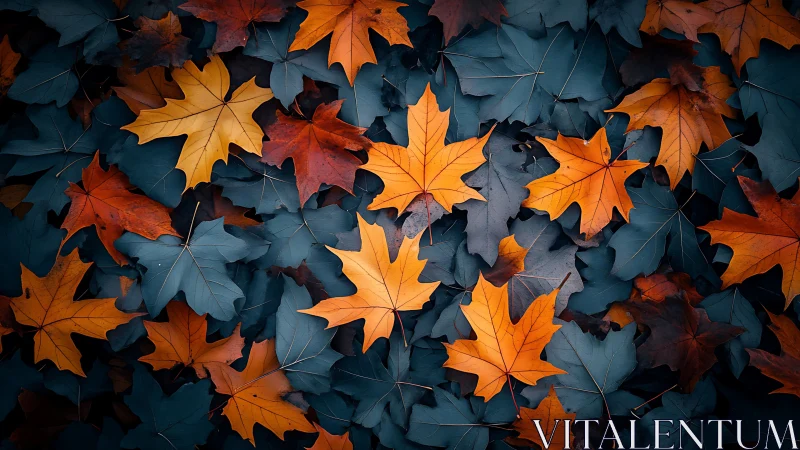 Orange maple leaves on dark blue leafy forest ground.