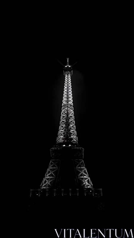 Monochrome Eiffel Tower silhouette under dramatic night lighting.