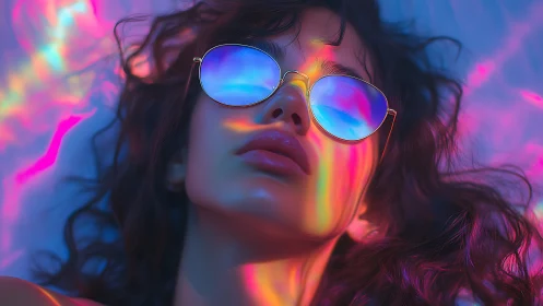 Neon prism portrait with reflective sunglasses and soft gradients.