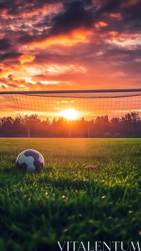 Soccer field with goal net and ball at low sunset light.