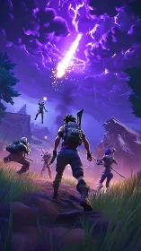 Squad races toward falling meteor under electrified storm sky.