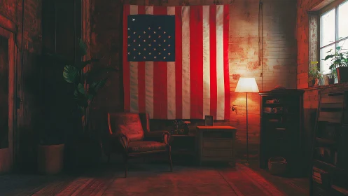 Cozy loft corner with vintage flag and soft evening light.