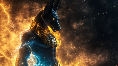 Mythic jackal god commands lightning in a blazing void