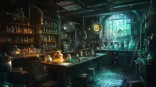 Moody alchemist laboratory with glassware and shelves.