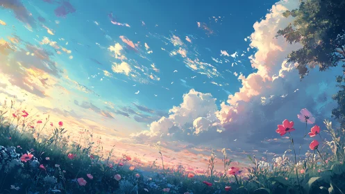 Expansive floral meadow under luminous sunset cumulonimbus sky