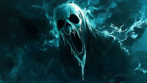 Spectral entropy skull emerging from turbulent cyan nebula field.