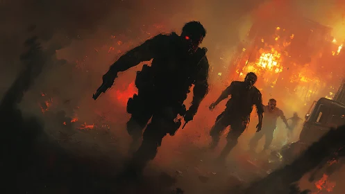 Armed survivor advances through burning zombie-infested city.