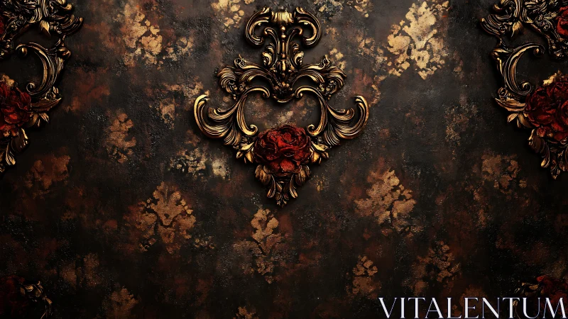 Baroque floral ornaments glow against distressed dark wall.