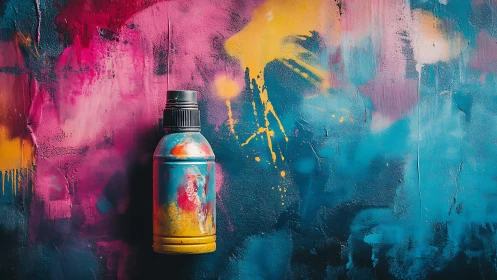 Vivid paint bottle against abstract splatter wall backdrop.
