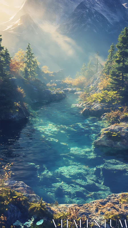 Volumetric sunrise over alpine river with refractive clarity.