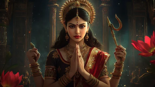 Digital goddess portrait with ornate jewelry and ritual trident