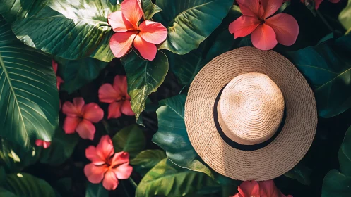 Straw Hat Among Red Flowers and Tropical Leaves.