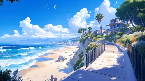 Coastal bluff walkway overlooks shoreline with modern houses