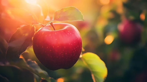 Optically resolved ripe apple under shallow-depth sunset bokeh.