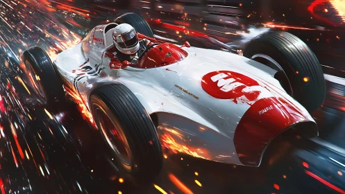 Retro-futurist race car accelerates through incendiary motion blur