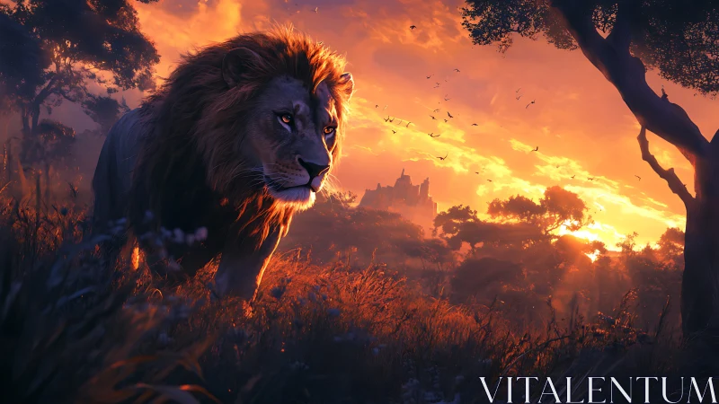 Radiant savannah lion in volumetric sunset illumination.