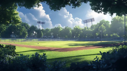Sunny track field wrapped in trees and soft morning light.