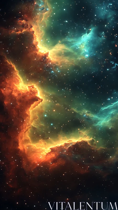 Cosmic nebula wall with glowing teal and ember gas clouds.